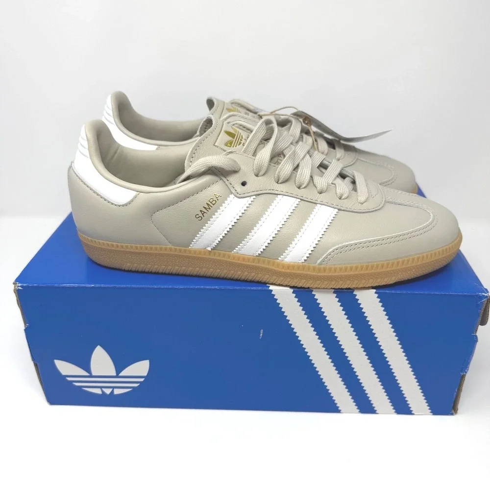 Adidas Samba OG‎ Wonder Taupe White Gum Leather Sneakers JR0883 Mens 8 NEW - Picture 2 of 9